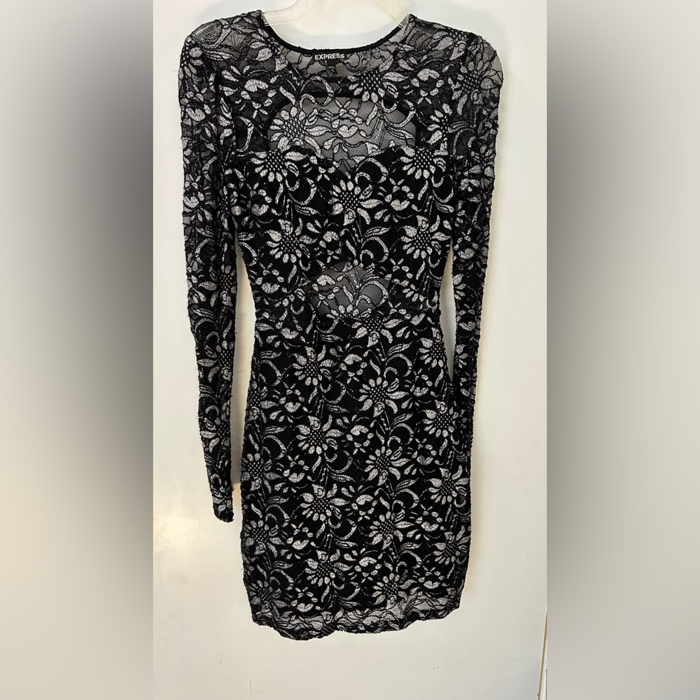 Black and Silver Floral Lace Mini Dress with Open Back XS